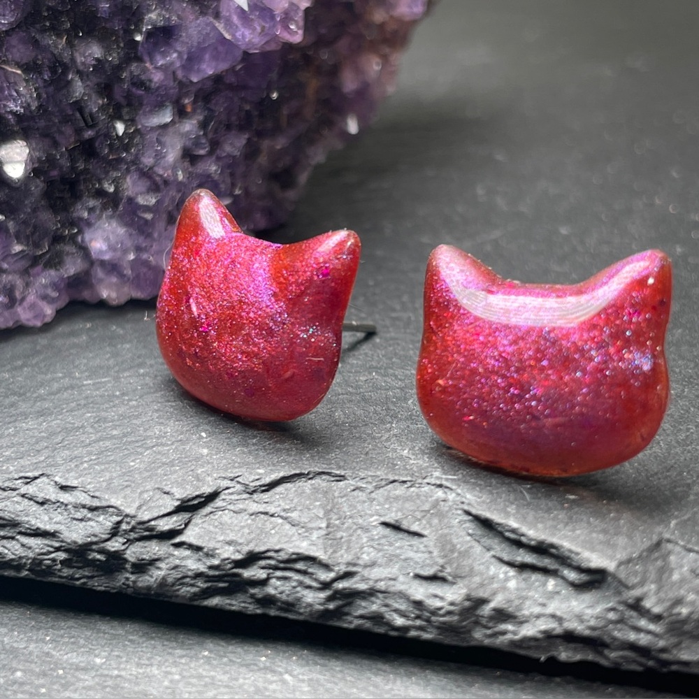 2/$18 Hot Pink And Shimmery Purple Cat Ear Stud Post Earrings Hand Crafted